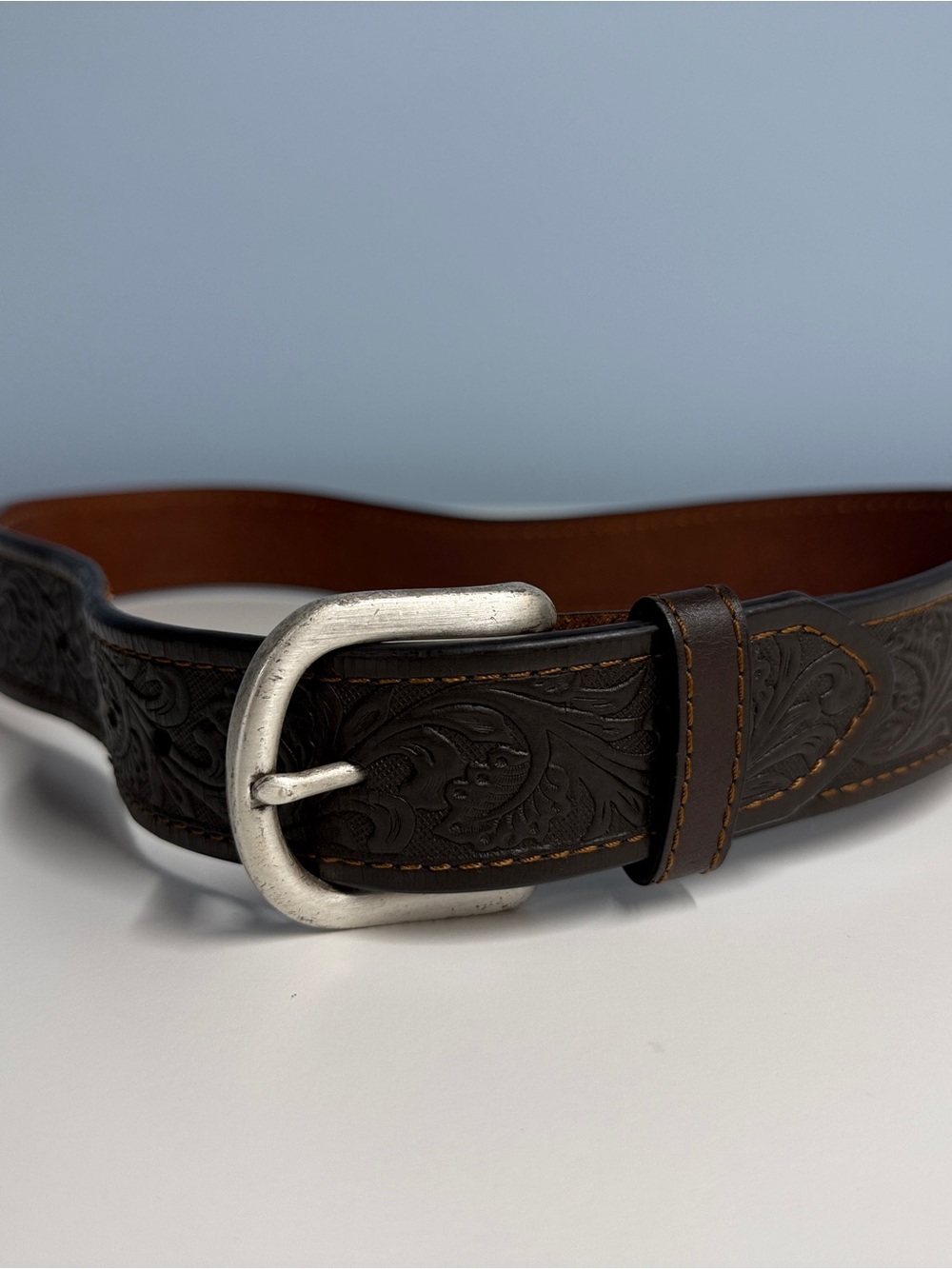 Ariat Dark Brown Tooled Leather Belt with Silver Buckle